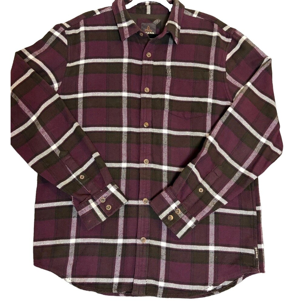 PrAna Channing Flannel Shirt Purple Brown Plaid Organic Cotton Mens Size Large